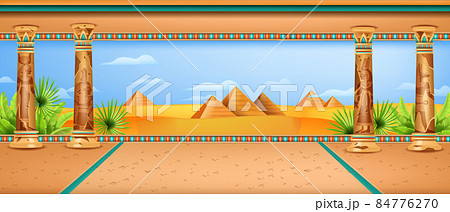 Egypt desert landscape, vector ancient Egyptian pharaoh temple background, old stone column ornament 84776270