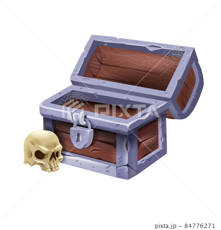 Empty wooden chest, vector open pirate old trunk, corsair skull, iron lock, UI lose badge on white 84776271
