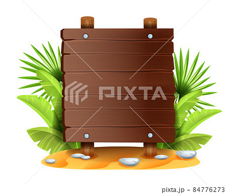 Jungle wooden sign board, exotic leaf, vector tropical forest game menu panel frame. Jungle wooden sign board, exotic leaf, vector tropical forest game menu panel frame. 84776273
