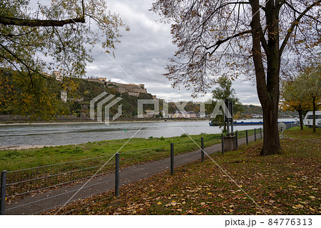 German corner, Koblenz were Rhein and Mosel meet. The fortress Ehrenbreitstein in the background 84776313