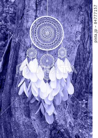 Handmade dream catcher with feathers threads and beads rope in very peri trendy color of the year 2022. 84777157