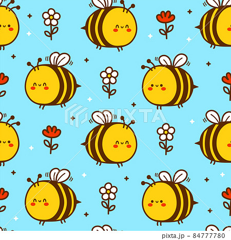 Cute funny bee,flowers cartoon kids seamless pattern. Vector hand drawn cartoon kawaii character illustration icon. Cute bee,honey,flower cartoon kawaii child seamless pattern concept 84777780