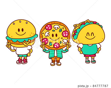 Cute funny happy pizza,burger,taco mascot set collection. Vector doodle line cartoon kawaii character illustration icon. Isolated on white background. Pizza,taco,burger,food cartoon mascot concept 84777787