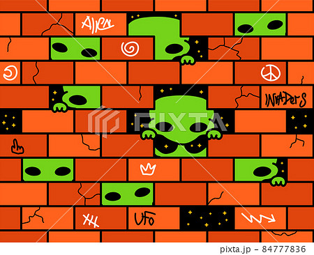Funny aliens peek out from brick wall. Vector doodle cartoon illustration psychedelic graphic design.Aliens,ufo,brick wall seamless pattern print concept 84777836