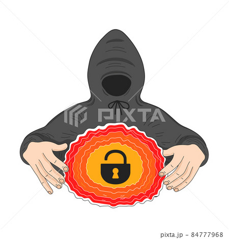Hacker in hood breaks the defense. Vector cartoon character illustration icon. Isolated on white background. Hacker,break defense concept 84777968