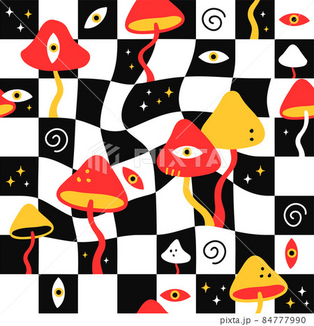 Magic mushrooms and melt geometry cells seamless pattern.Vector crazy cartoon illustration. Magic mushrooms,psychedelic eyes, acid,trippy,cells,techno seamless pattern wallpaper print concept 84777990