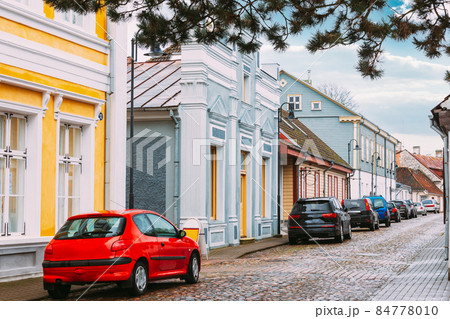 Kuressaare, Estonia. Famous Old Buildings Houses In Kauba Street. Altered Sky Kuressaare, Estonia. Famous Old Buildings Houses In Kauba Street. Altered Sky 84778010