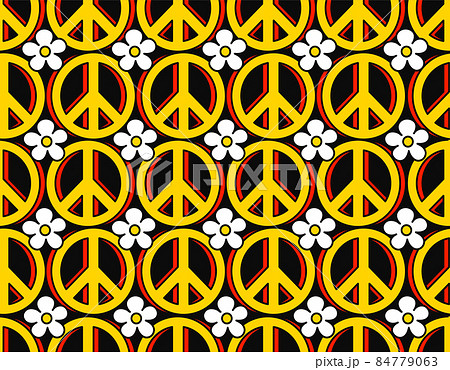 Hippie 70s pacifist symbol and flowers seamless pattern. Vector hand drawn line doodle cartoon illustration wallpaper. Trippy 70s lsd print,60s pacific circle,hippie symbol seamless pattern concept Hippie 70s pacifist symbol and flowers seamless pattern. Vector hand drawn line doodle cartoon illustration wallpaper. Trippy 70s lsd print,60s pacific circle,hippie symbol seamless pattern concept 84779063