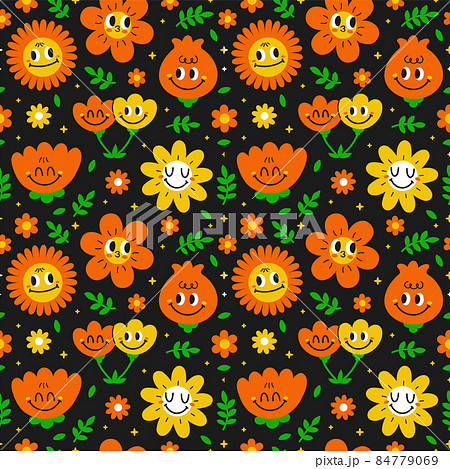 Cute funny kawaii smile face flowers seamless pattern.Vector cartoon kawaii character illustration design.Positive vintage smile face,chamomile flower,garden seamless pattern concept 84779069