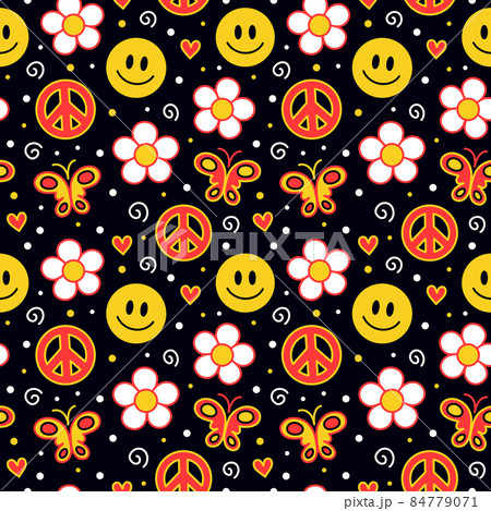 Cute funny kawaii smile face,flowers,hippie peace seamless pattern.Vector cartoon kawaii character illustration design.Positive vintage smile face,chamomile flower,hippie seamless pattern concept 84779071
