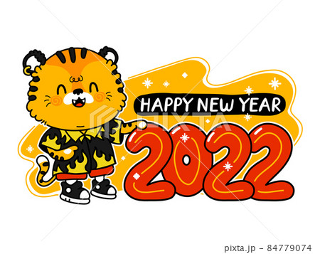 Cute happy funny 2022 New Year symbol tiger and numbers. Vector cartoon kawaii character illustration icon. Isolated on white background. Tiger symbol of New Year 2022 character concept 84779074