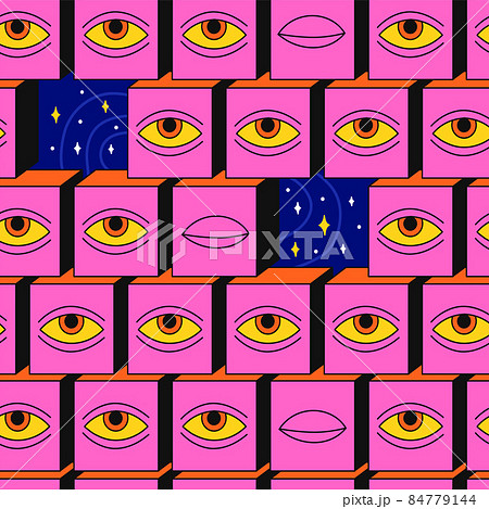 Crazy trippy 60s style psychedelic geometry seamless pattern.Vector crazy illustration.Cube with eyes,acid,trippy style,constructor seamless pattern wallpaper print concept Crazy trippy 60s style psychedelic geometry seamless pattern.Vector crazy illustration.Cube with eyes,acid,trippy style,constructor seamless pattern wallpaper print concept 84779144