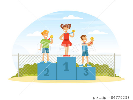 Smiling Boy and Girl with Golden Medal Award Standing on Pedestal Vector Illustration Smiling Boy and Girl with Golden Medal Award Standing on Pedestal Vector Illustration 84779233