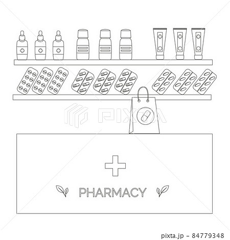 Pharmacy interior with pills, line vector illustration. Shop with medicines. Pharmacy interior with pills, line vector illustration. Shop with medicines. 84779348