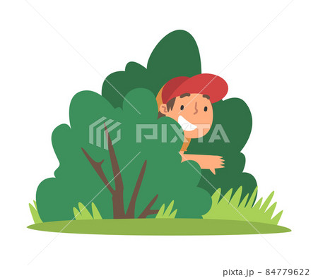 Little Boy In Cap Playing Hide And Seek のイラスト素材