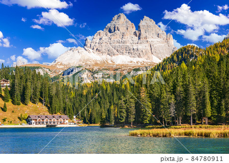 Tre Cime di Lavaredo and Misurina Lake, Dolomite Mountains in Su 84780911