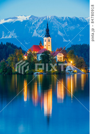 Bled, Slovenia - Church Santa Maria and Julian Alps. 84780918
