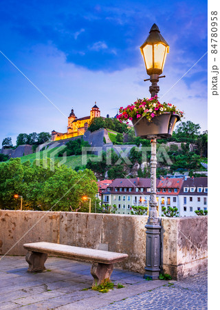 Wurzburg, Germany. Alte Mainbrucke and Marienberg Fortress, twilight 84780958