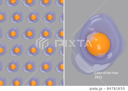 Color of the year 2022 and 2021 concept. Collage made with toned egg yolks, fresh organic chicken egg in trendy lilac color on gray background, selective focus. World egg day. 84781650