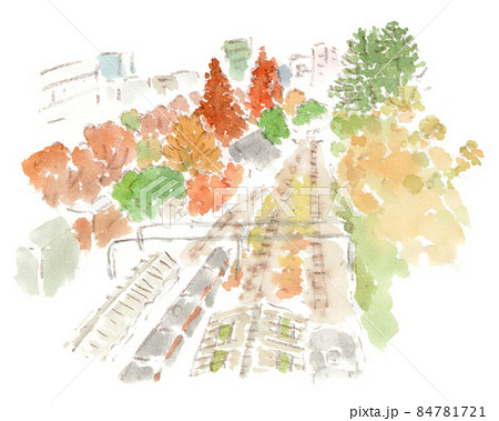 都市の紅葉：四ツ谷駅の陸橋から市谷方面の線路を見下ろした風景（水彩画イラスト） 84781721