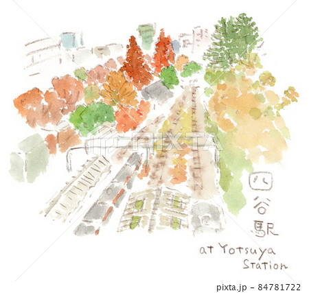 都市の紅葉：四ツ谷駅の陸橋から市谷方面の線路を見下ろした風景（水彩画イラスト） 84781722