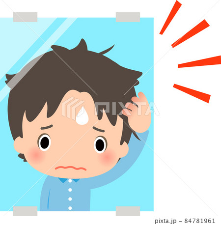 鏡で寝ぐせを見て困っている男性のイラスト素材