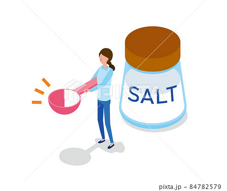 減らした塩をもつ女性の減塩イメージのアイソメトリックイラストのイラスト素材