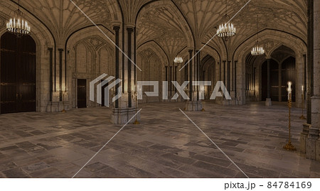 Fantasy medieval great hall in the castle 3d illustration 84784169