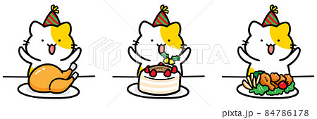 クリスマスの食べ物を喜ぶかわいいねこのキャラクターの手書き風イラストセットのイラスト素材