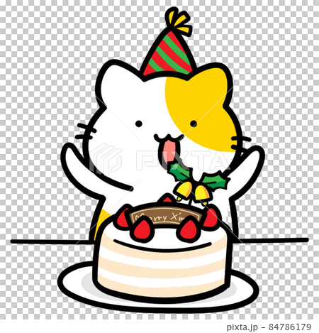 クリスマスケーキを食べるねこのかわいい手書き風イラストのイラスト素材