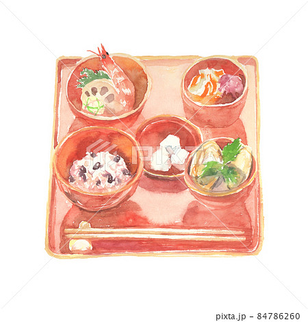 水彩で描いたお食い初め膳のイラストのイラスト素材