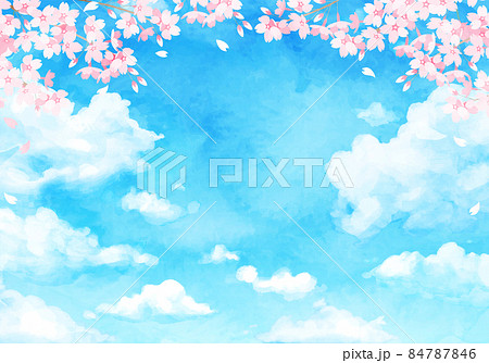 青空と雲と桜の水彩のベクターイラスト背景のイラスト素材