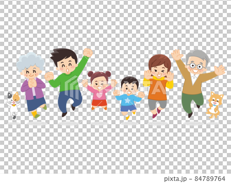 笑顔でジャンプする家族とペット 84789764