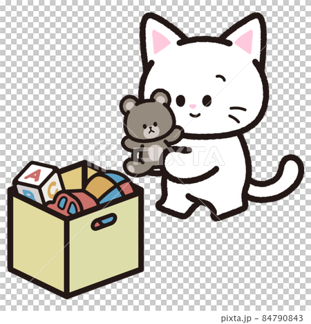 おもちゃの片付けをする白猫のイラスト素材 [84790843] - PIXTA, 画像サイズ:450x469