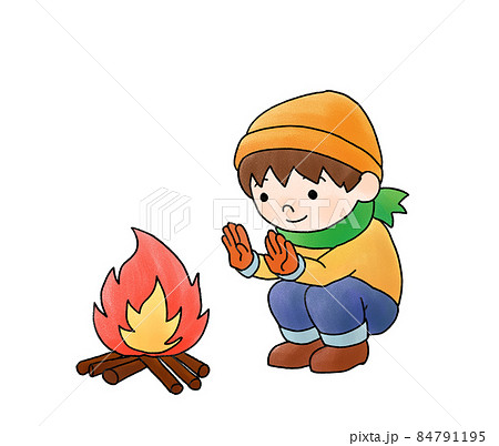 焚火にあたるイラストのイラスト素材
