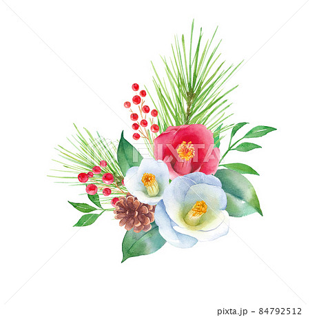 紅白の椿のお正月飾りの水彩イラスト 松 ナンテン 椿の花 縁起物 ベクター レイアウト変更可能 のイラスト素材