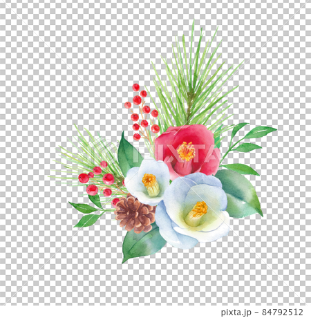 Watercolor illustration of red and white camellia New Year decorations. Pine, nandina and camellia flowers. Lucky thing. (Vector. Layout can be changed) 84792512