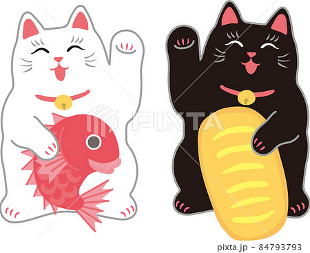 招き猫2匹_黒猫左手_白猫右手_ニッコリのイラスト素材 [84793793] - PIXTA