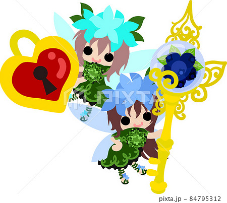 可愛い花の妖精たちとブルーベリーの鍵のイラストのイラスト素材