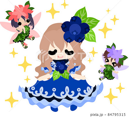 可愛い花の妖精たちとブルーベリーのドレスを着た女の子のイラストのイラスト素材