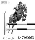 Jockey on horse. White Horse. Champion. Horse riding. Equestrian sport. Jockey riding jumping horse. Poster. Sport background. Isolated Vector Illustration 84795663