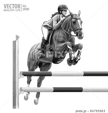 Jockey on horse. White Horse. Champion. Horse riding. Equestrian sport. Jockey riding jumping horse. Poster. Sport background. Isolated Vector Illustration Jockey on horse. White Horse. Champion. Horse riding. Equestrian sport. Jockey riding jumping horse. Poster. Sport background. Isolated Vector Illustration 84795663