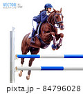 Jockey on horse. Black Horse. Champion. Horse riding. Equestrian sport. Jockey riding jumping horse. Poster. Sport background. Isolated Vector Illustration 84796028