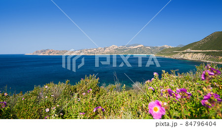 West coast of Corsica near Saint Florent, Mediterranean sea and blue sky 84796404