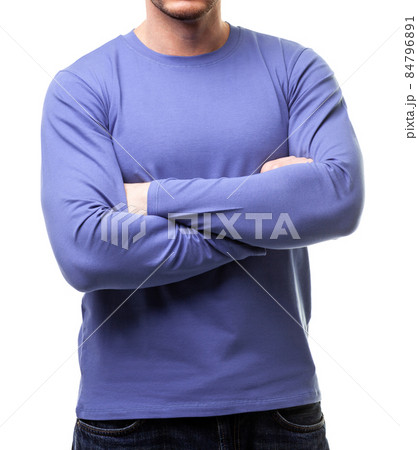 Trendy color 2022 shirt on young man with crossed arms template on white background Trendy color 2022 shirt on young man with crossed arms template on white background 84796891