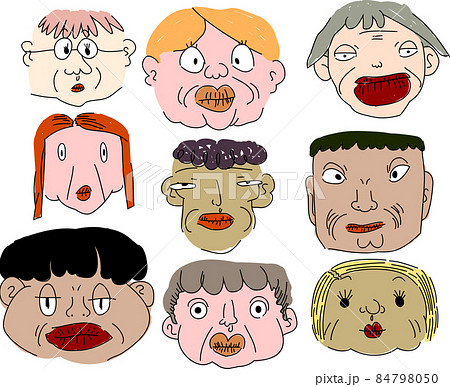 不揃いな人間の顔 独特 手描き セットのイラスト素材 [84798050] - PIXTA