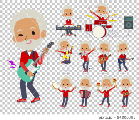 A set of older men in a red jersey playing rock and roll and pop music 84800393