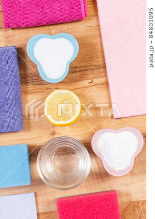 Accessories and natural detergents for cleaning surfaces and rooms at home, household duties concept 84801095