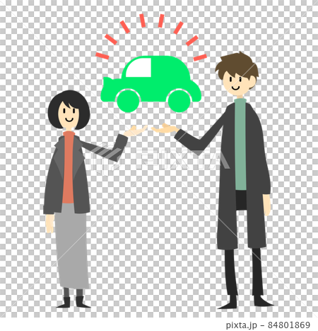 車のアイコンを掲げる男女のイラスト 車のアイコンを掲げる男女のイラスト 84801869