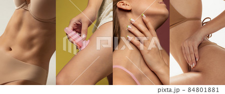 Collge of different parts of female bodies in cotton underwear isolated over light background Collge of different parts of female bodies in cotton underwear isolated over light background 84801881